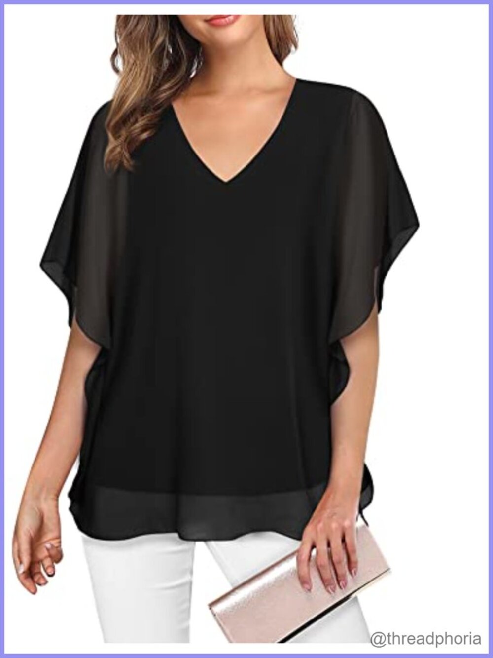 Lotusmile Womens Chiffon Double-Layered Flutter Sleeve Tunic Blouse